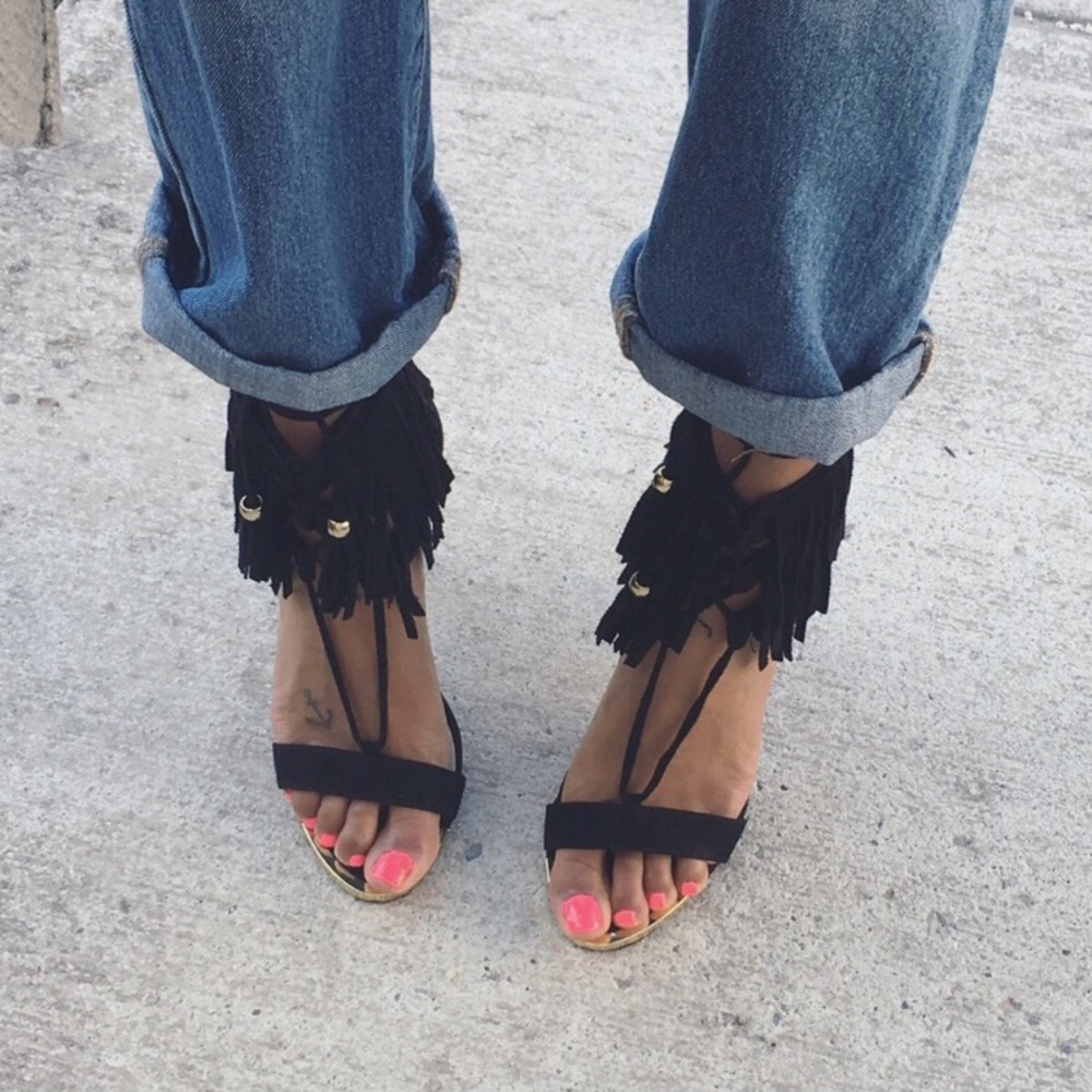 Black fringe heels